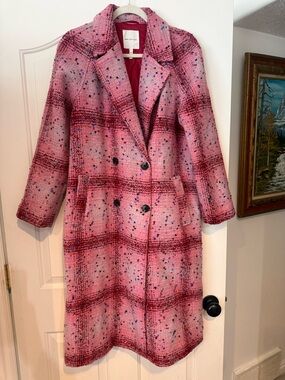 Avec Les Filles Pink Plaid Double-Breasted Tweed Pea Coat